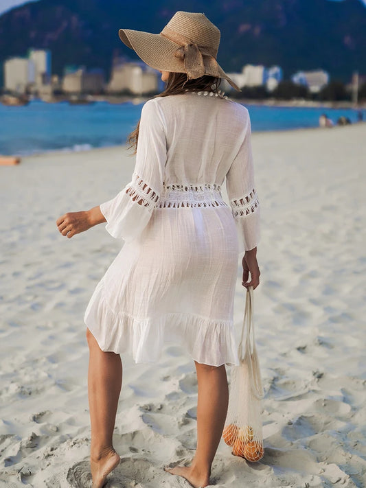 Saída de Praia Boho Crochê Belisse | Vestido Longo Aberto em Crochê | Look Boho Feminino para Verão e Praia