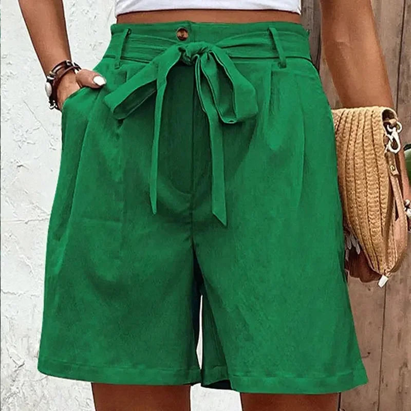 Shorts Feminino Belisse Sweet Lace | Shorts em Cor Sólida com Renda | Cintura Elástica e Laço Frontal