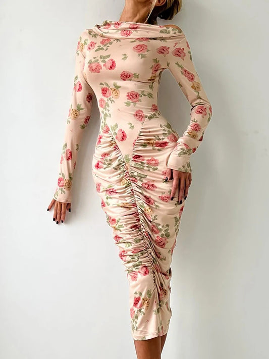 Vestido Midi Belisse | Vestido Assimétrico com Decote Diagonal e Franzido Lateral