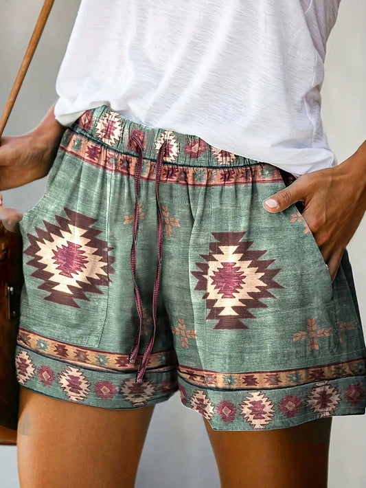 Shorts Feminino Belisse Resort Étnico | Shorts Estampado Geométrico | Estilo Boho Chic de Verão