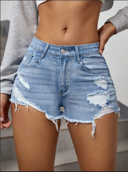 Shorts Jeans Belisse Retro Blue | Shorts Jeans Feminino Destroyed | Modelagem A-Line e Barra Desfiada