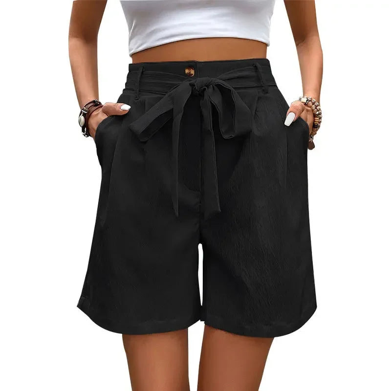 Shorts Feminino Belisse Sweet Lace | Shorts em Cor Sólida com Renda | Cintura Elástica e Laço Frontal