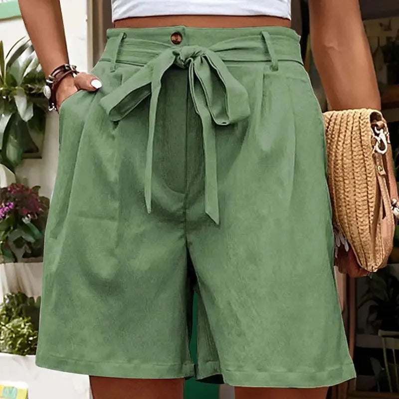 Shorts Feminino Belisse Sweet Lace | Shorts em Cor Sólida com Renda | Cintura Elástica e Laço Frontal