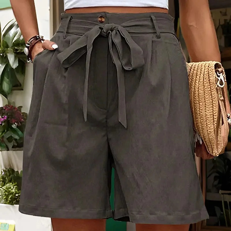 Shorts Feminino Belisse Sweet Lace | Shorts em Cor Sólida com Renda | Cintura Elástica e Laço Frontal