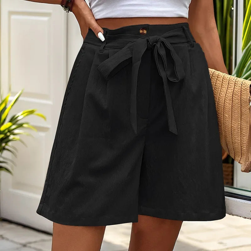 Shorts Feminino Belisse Sweet Lace | Shorts em Cor Sólida com Renda | Cintura Elástica e Laço Frontal