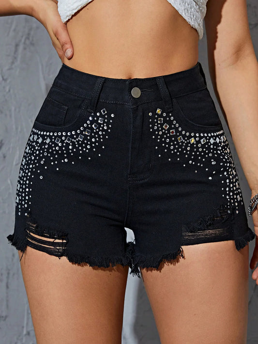 Shorts Jeans Belisse Beaded Chic | Shorts Jeans Feminino com Pérolas | Barra Desfiada e Cintura Alta