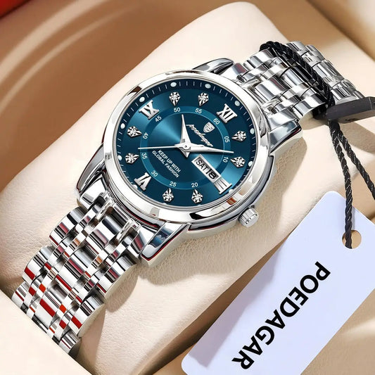 Relógio Belisse Poedagar Elegant Shine | Luxo Feminino | Luminosa | Data + Semana | Aço Inoxidável