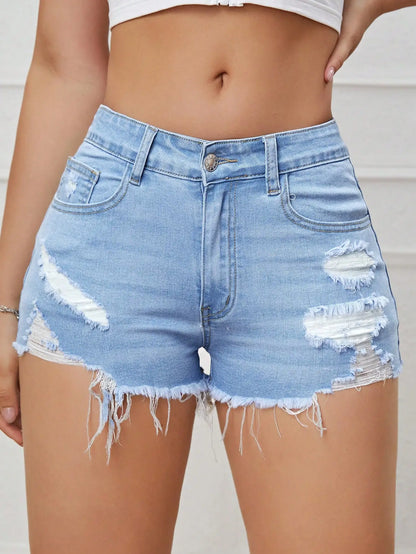 Shorts Jeans Belisse Retro Blue | Shorts Jeans Feminino Destroyed | Modelagem A-Line e Barra Desfiada